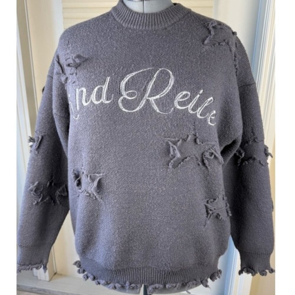 Grunge Distressed Star Cutout Knit Sweater Womens L Grey Y2K Streetwear Pullover